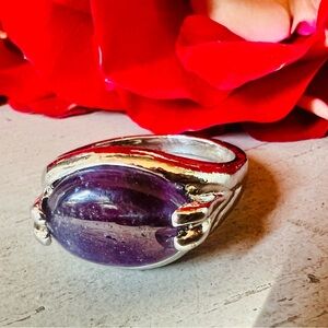 Amethyst Crystal Stone Purple & Silver Ring S 10.5
